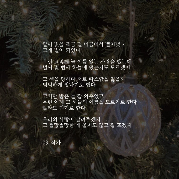 Photo by 03작가 on December 12, 2025. May be an image of christmas tree and text that says '달이 빛을 조금 덜 머금어서 뱉어냈다 그게 별이 되었다 우린 그렇게 늘 이름 없는 사랑을 했는데 벌써 몇 번째 하늘에 떴는지도 모르겠어 그 그셈을 당하다 서로 따스함을 잃을까 먹먹하게 빛나기도 먹먹하게빛나기도했다 했다 그치만 밤은 늘 잘 와주었고 우린 이제 그 하늘의 이름을 모르기로 한다 몰라도 되기로 한다 우리의 사랑이 알려주겠지 그 똘망똘망한 게 울지도 않고 잘 뜨겠지 03_작가 03_ 작가'.