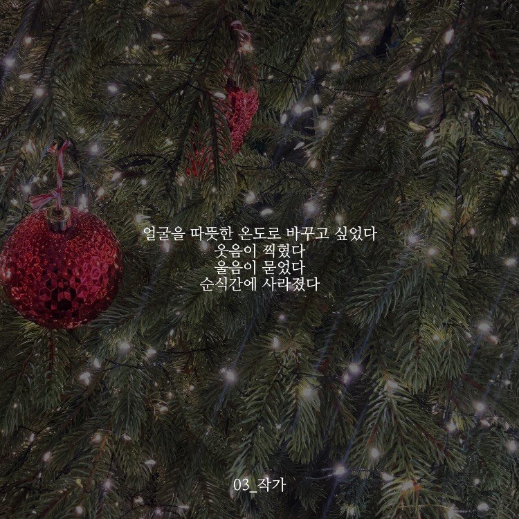 Photo by 03작가 on December 18, 2025. May be an image of christmas tree, tinsel, pinecone and text that says '얼굴을 따뜻한 따뜻한온도로 온도로 바꾸고 싶었다 웃음이 찍 찍혔다 o 울음이 묻었다 순식간에 순식간에사라졌다 사라졌다 03_ 03_작가'.