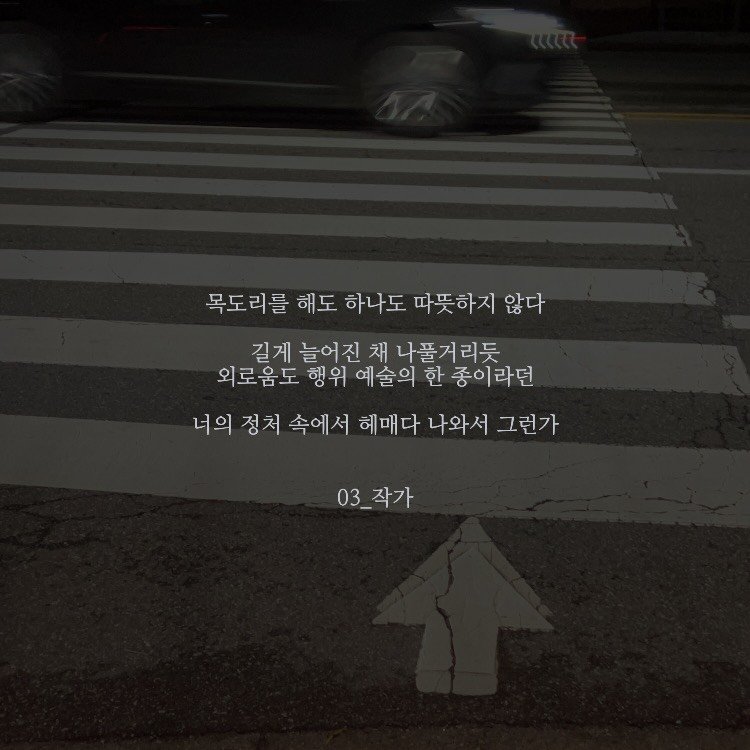 Photo by 03작가 on December 01, 2025. May be an image of street and text that says '목도리를 해도 하나도 따뜻하지 않다 길게 늘어진 채 나풀거리듯 외로움도 행위 예술의 한 종이라던 너의 정처 속에서 서 헤매다 나와서 그런가 03_작가'.