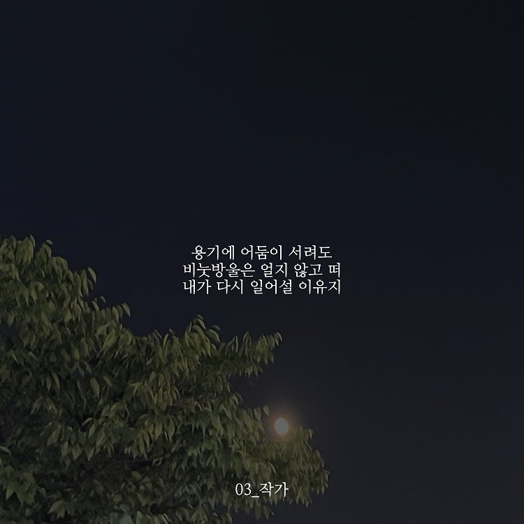 Photo by 03작가 on August 07, 2025. May be an image of outdoors, night, telephone pole and text that says '용기에 어둠이 서려도 비눈방을 울은 얼지 않고 비눈방울은얼지않고 않고떠 고 떠 내가 다시 가다시일어설이유지 일어설 이유지 03_ 03_작가'.