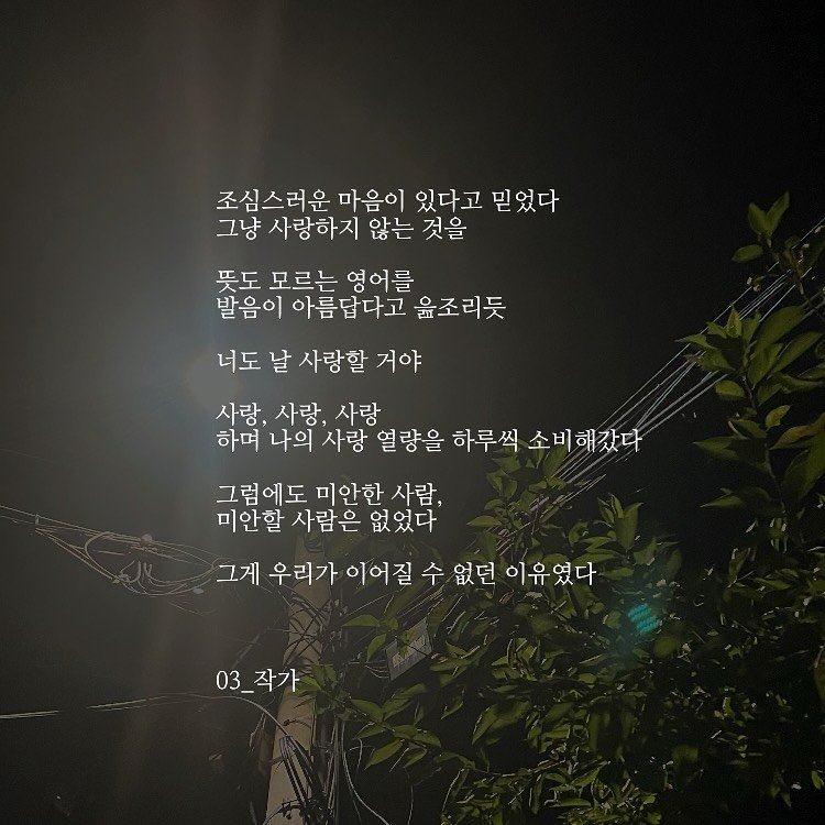 Photo by 03작가 on September 03, 2025. May be an image of outdoors, night and text that says '조심스러운 마음이 있다고 믿었다 그냥 사랑하지 않는 것을 뜻도 모르는 는영어를 발음이 아름답다고 윤조리듯 너도 날 사랑할 거야 사랑, 사랑, 사랑 하며 나의 사랑 열량을 하루씩 소비해갔다 그럼에도 미안한 사람, 미안할 사람은 없었다 그게 우리가 이어질 수 없던 이유였다 03_작가'.