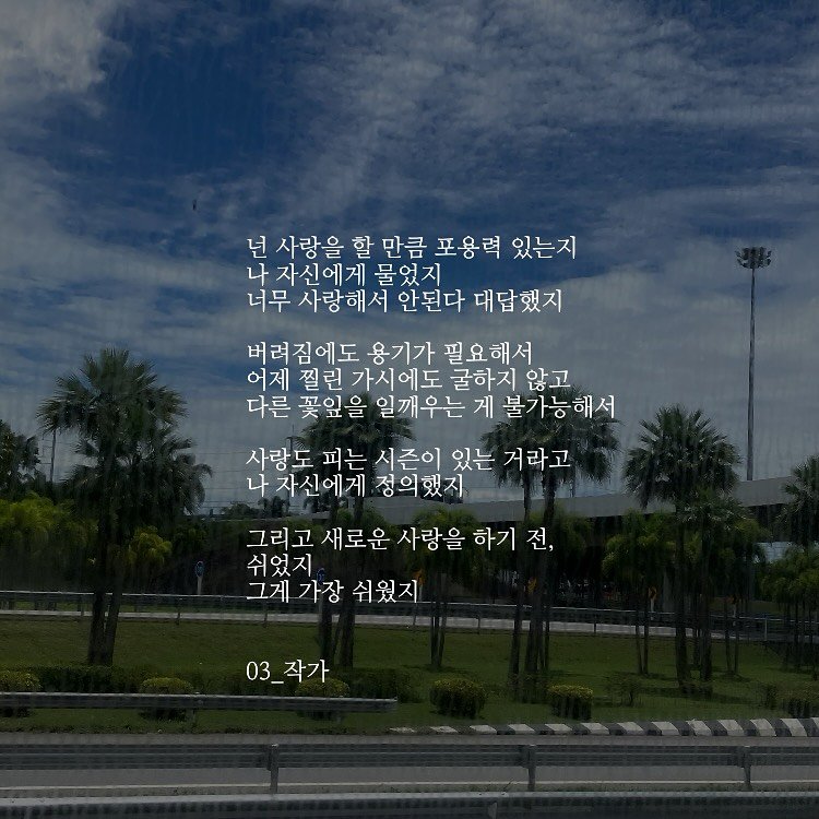 Photo by 03작가 on September 18, 2025. May be an image of cloud, horizon and text that says '넌 사랑을 할 만큼 포용력 있는지 나 자신에게 물었지 너무 사랑해서 안된다 대답했지 버려짐에도 용기가 필요해서 어제 찔린 가시에도 굴하지 않고 다른 꽃잎을 일깨우는 게 계불가능해서 사랑도 피는 시즌이 있는 거라고 나 자신에게 정의했지 그리고 새로운 사랑을 하기 전, 쉬었지 그게 가장 쉬웠지 03_작가 _작가'.
