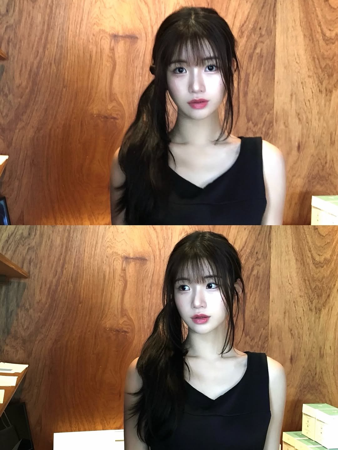 Photo by 이로아 on July 08, 2025. May be an image of one or more people, bangs, top and text.