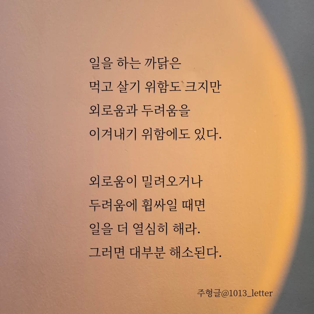 Photo by 글 / 필자 임주형 on October 08, 2025. May be an image of text that says '일을 하는 까닭은 먹고 살기 위함도 위함도'크지만 크지만 외로움과 두려움을 이겨내기 위함에도 있다. 외로움이 밀려오거나 두려움에 휩싸일 때면 일을 더 열심히 해라. 그러면 대부분 해소된다. 주형글@1013_letter'.