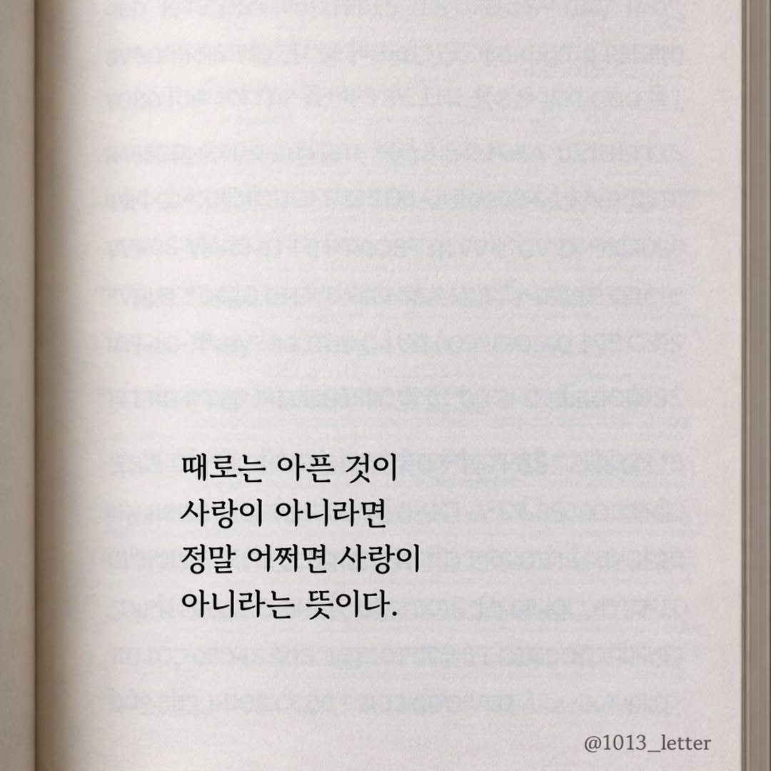 Photo by 글 / 필자 임주형 on April 08, 2026. May be an image of book and text that says '때로는 아픈 것이 사랑이 아니라면 정말 어쩌면 사랑이 아니라는 뜻이다. @1013_letter'.