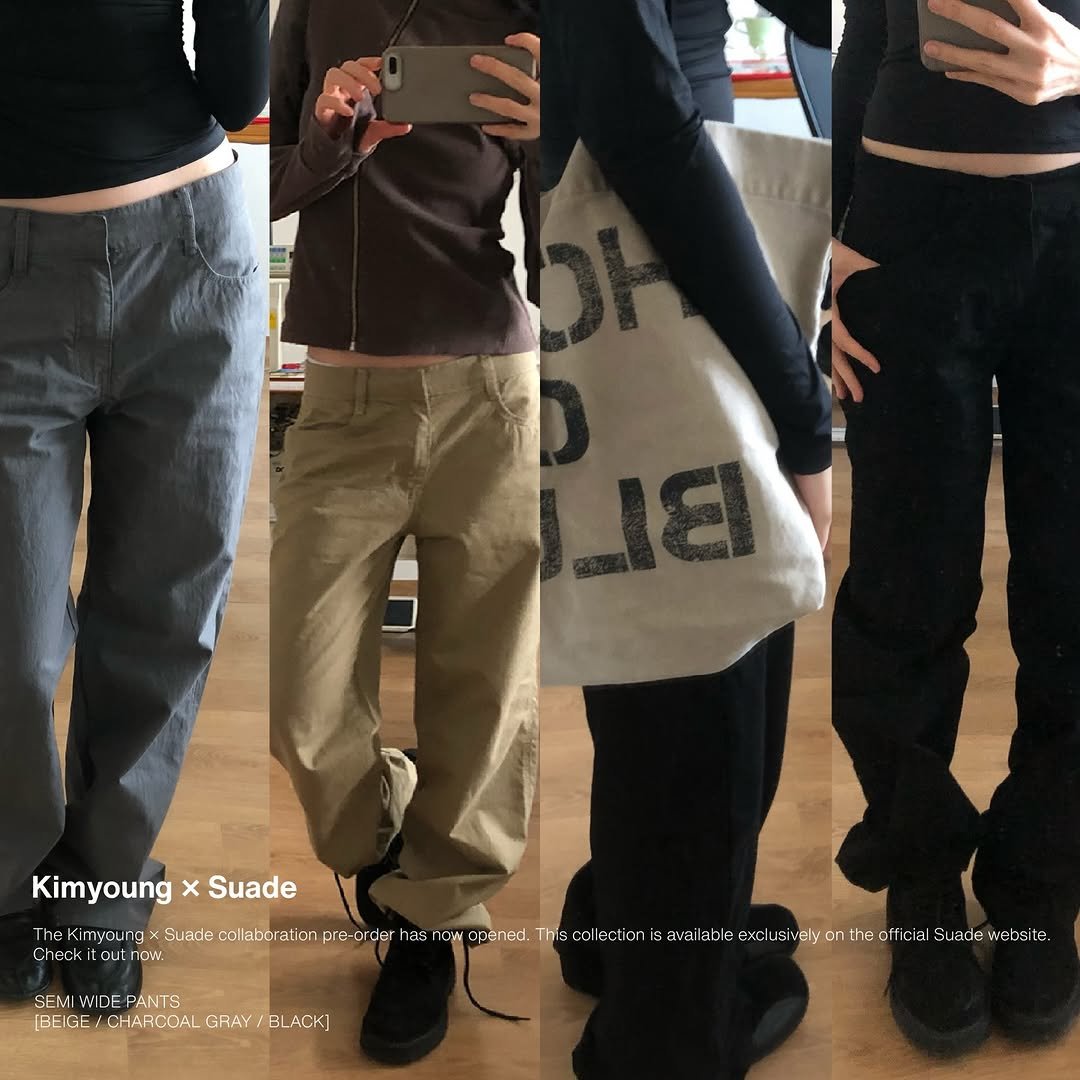 Photo shared by suade® 스웨이드 on March 24, 2026 tagging @10r1aud, and @suadegirl. May be an image of parka, sweatpants, turtleneck, top and text.