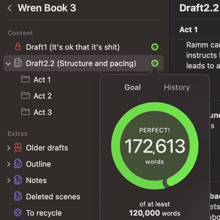 Screen shot of writing software showing a word count for the second draft of a novel.