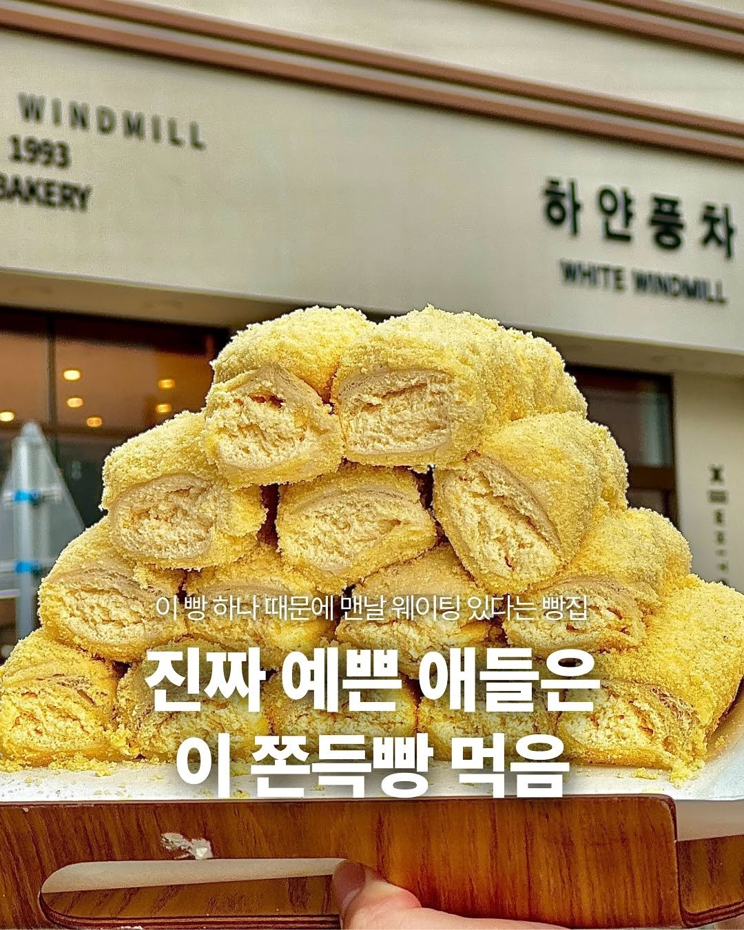 Photo by 하얀풍차제과점 | 천연발효종 베이커리 | 동탄케이크 수원카페 케이크맛집 화이트롤 on August 18, 2025. May be an image of turnover, tofu, coconut macaroon, bread and text that says '1993 WINDMILL AKERY 하얀종차 차 WHITE WHITEMINDMILL WINDMILL 이 이빵 빵 하나 때문에 맨날 웨이팅 있다는 있다는빵집 빵집 진짜 예쁜 애들은 이 쫀득빵 먹음'.