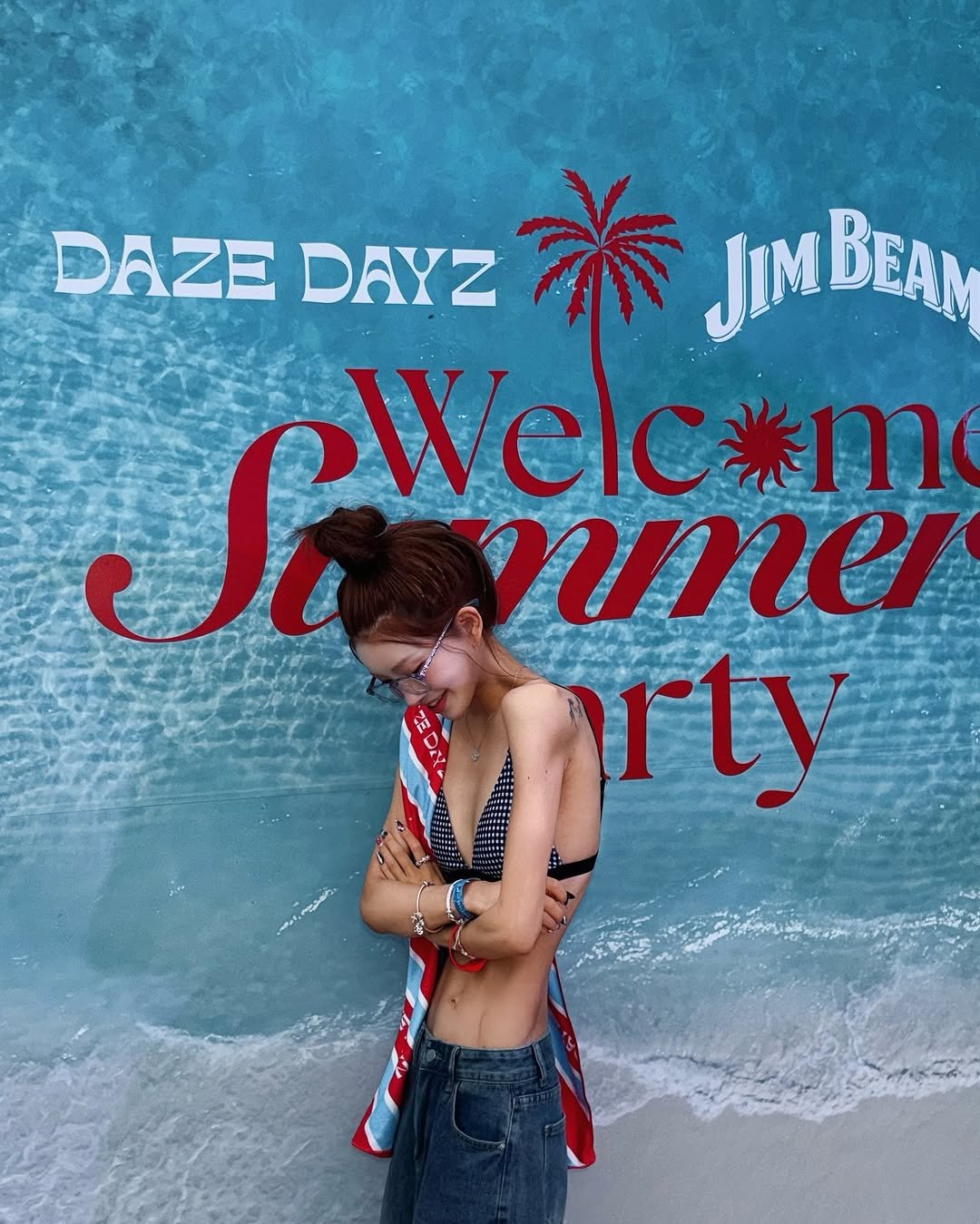 Photo by ָ 「 준희 」 in Banyan Tree - Club & Spa - Seoul with @daze_dayz. May be an image of 1 person, eyewear, headscarf, cabana and text that says 'DAZE DAYZ ঈे JIMBEAM BEAM So Same Welc mmel grty rty'.