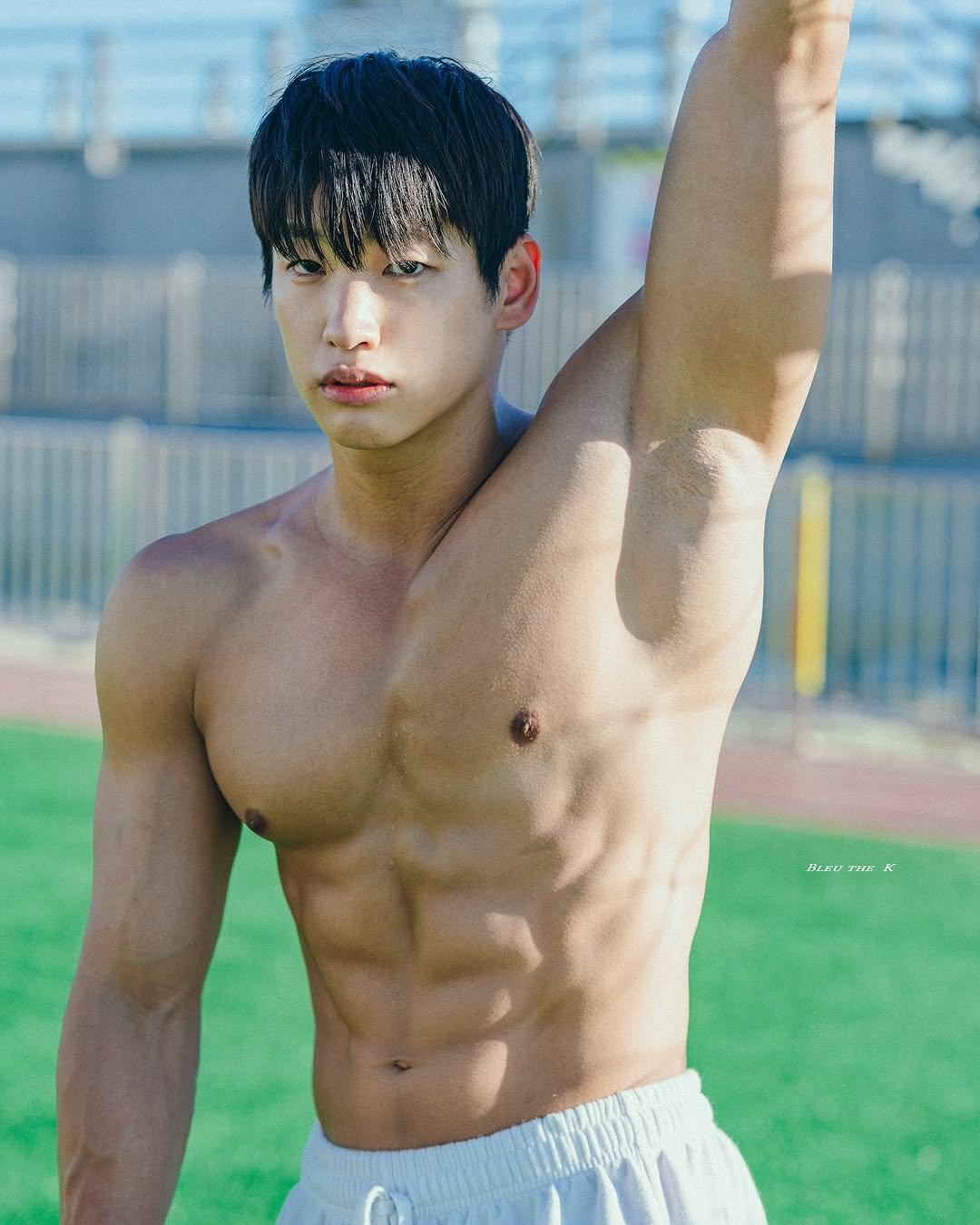 Photo shared by 김예현 on October 01, 2025 tagging @bleu_the_k. May be an image of 1 person, biceps, body building, underwear, sportswear and text.