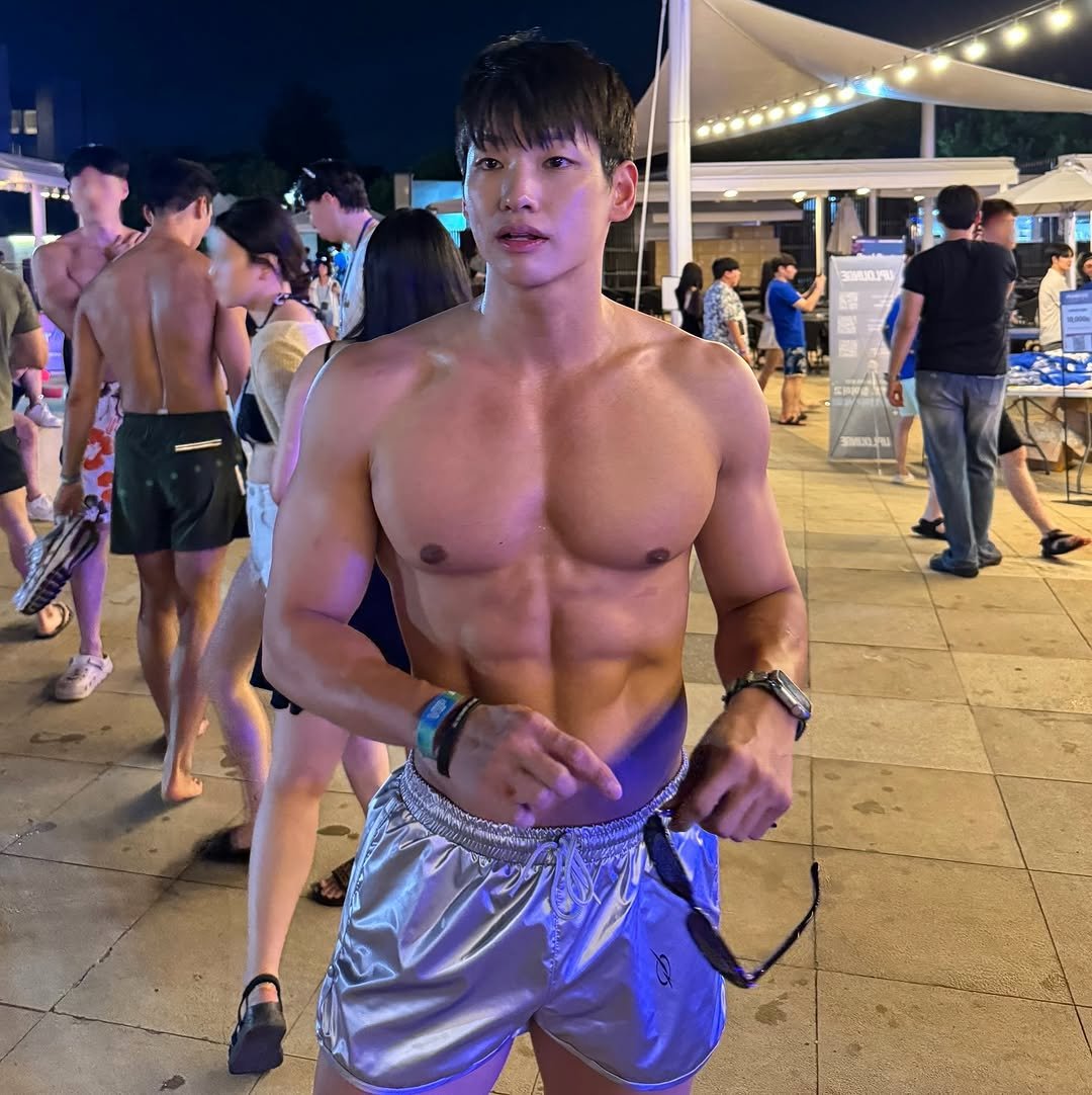 Photo shared by 김예현 on July 12, 2025 tagging @51percent_official. May be an image of 5 people, biceps, people bodybuilding, shorts, underwear and text.
