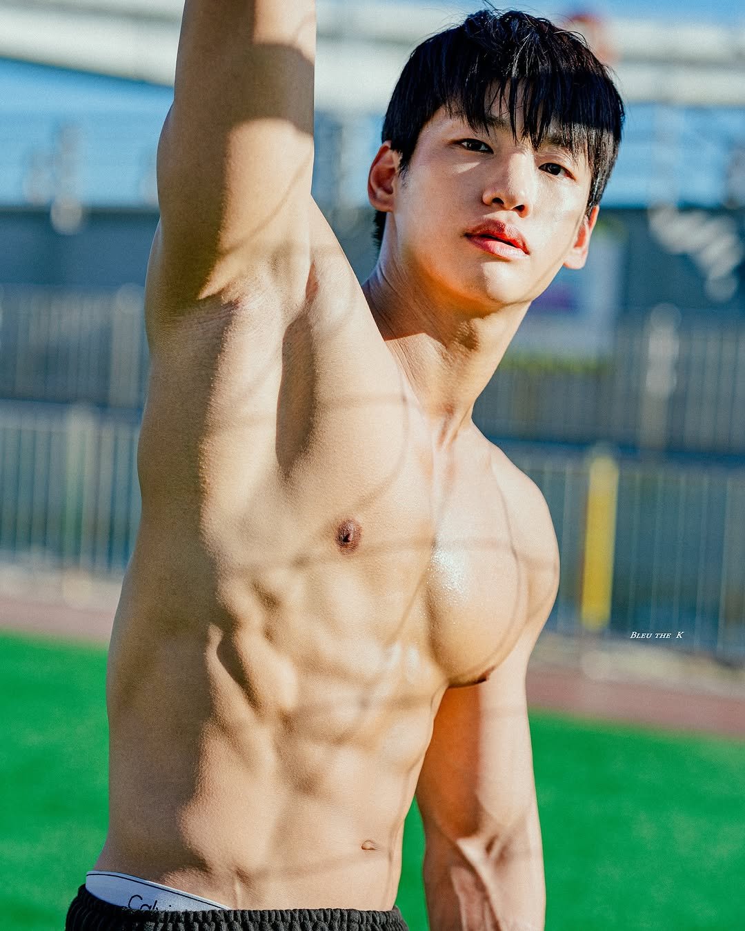 Photo shared by 김예현 on August 04, 2025 tagging @bleu_the_k. May be an image of 1 person, biceps, body building, underwear, sportswear and text.