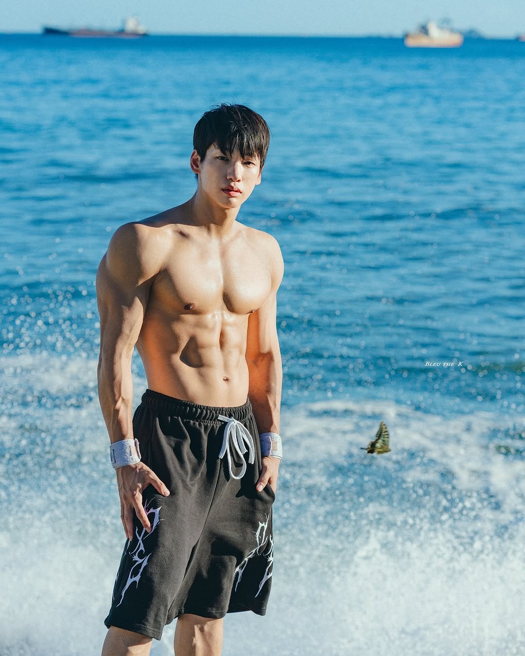 Photo shared by 김예현 on August 02, 2025 tagging @bleu_the_k. May be an image of 1 person, biceps, body building, underwear and text.