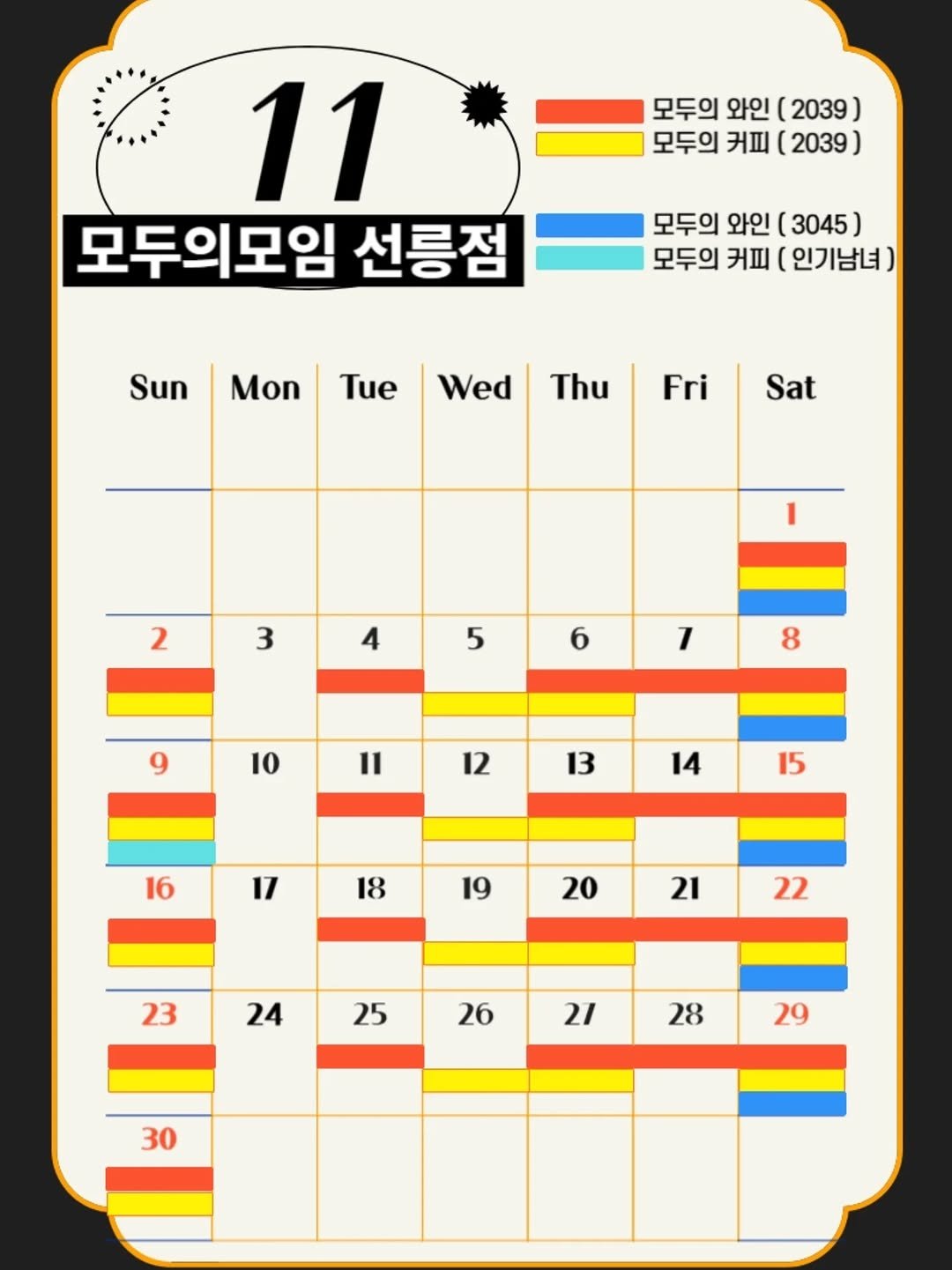 Photo by | 모두의모임 | 모두의커피 | 모두의와인 | 로테이션 | 소개팅 | 파티 on October 28, 2025. May be an illustration of calendar, crossword puzzle, poster and text that says '모두의 와인 (2039) 모두의 커피 (2039 11 모두의모임 선릉점 모두의 와인 ( (3045) 모두의 커피 ( 인기남녀) Sun Mon Tue Wed Thu Fri Sat 2 3 4 5 6 7 8 10 I1 12 13 14 16 15 17 18 19 20 21 22 23 24 25 26 21 28 29 30'.