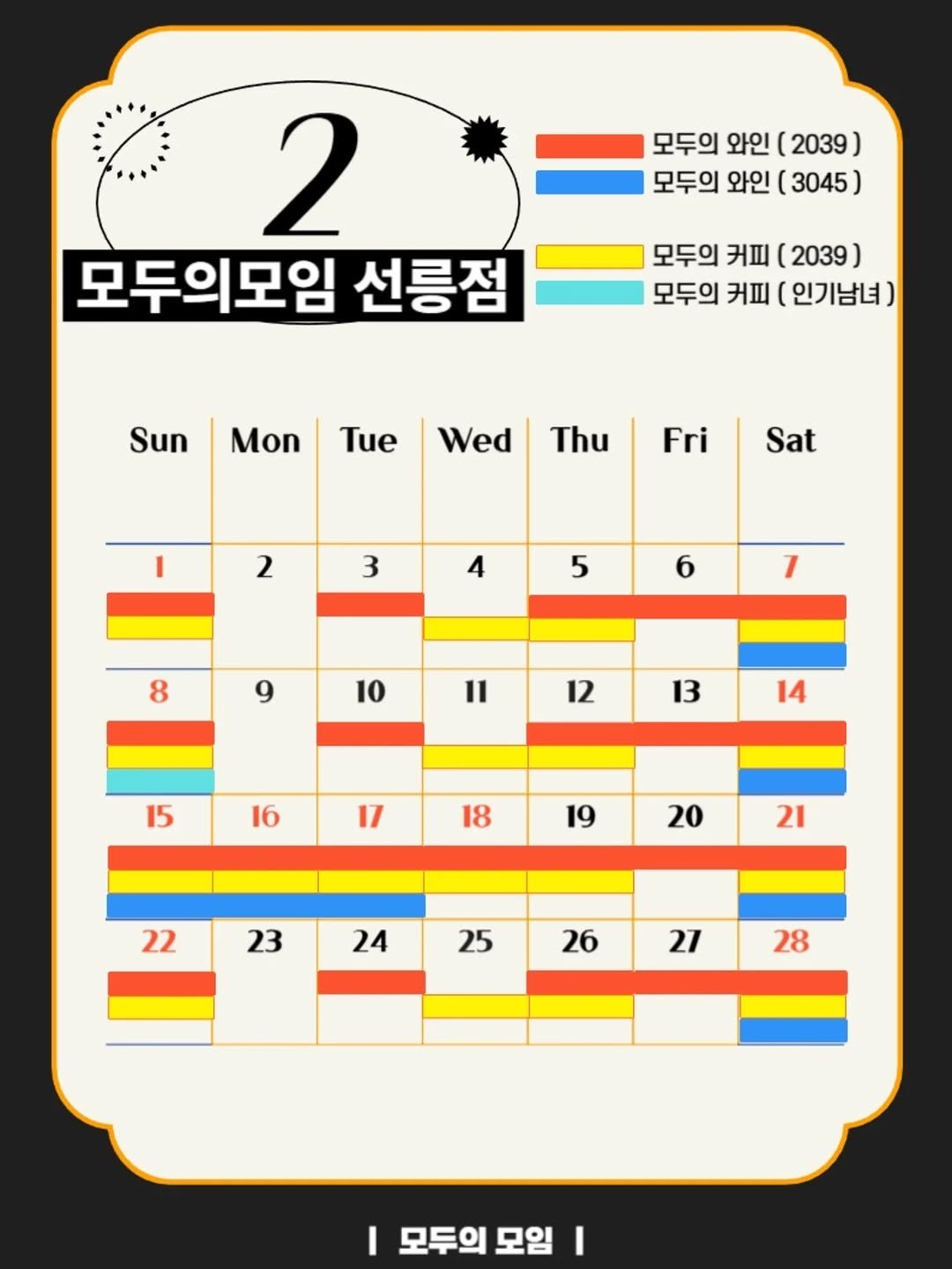 Photo by | 모두의모임 | 모두의커피 | 모두의와인 | 로테이션 | 소개팅 | 파티 on January 31, 2026. May be an illustration of calendar, crossword puzzle, poster and text that says '모두의 와인 (2039) 모두의 와인 ( (3045) 2 모두의모임 선릉점 모두의 커피 (2039) 모두의 커피 인기남녀) Sun Mon Tue Wed Thu Fri Sat 2 3 4 5 6 8 1 9 10 11 12 13 15 14 16 17 18 19 20 21 22 23 24 25 26 27 28 I 모두의 모임 모두의모임 I'.