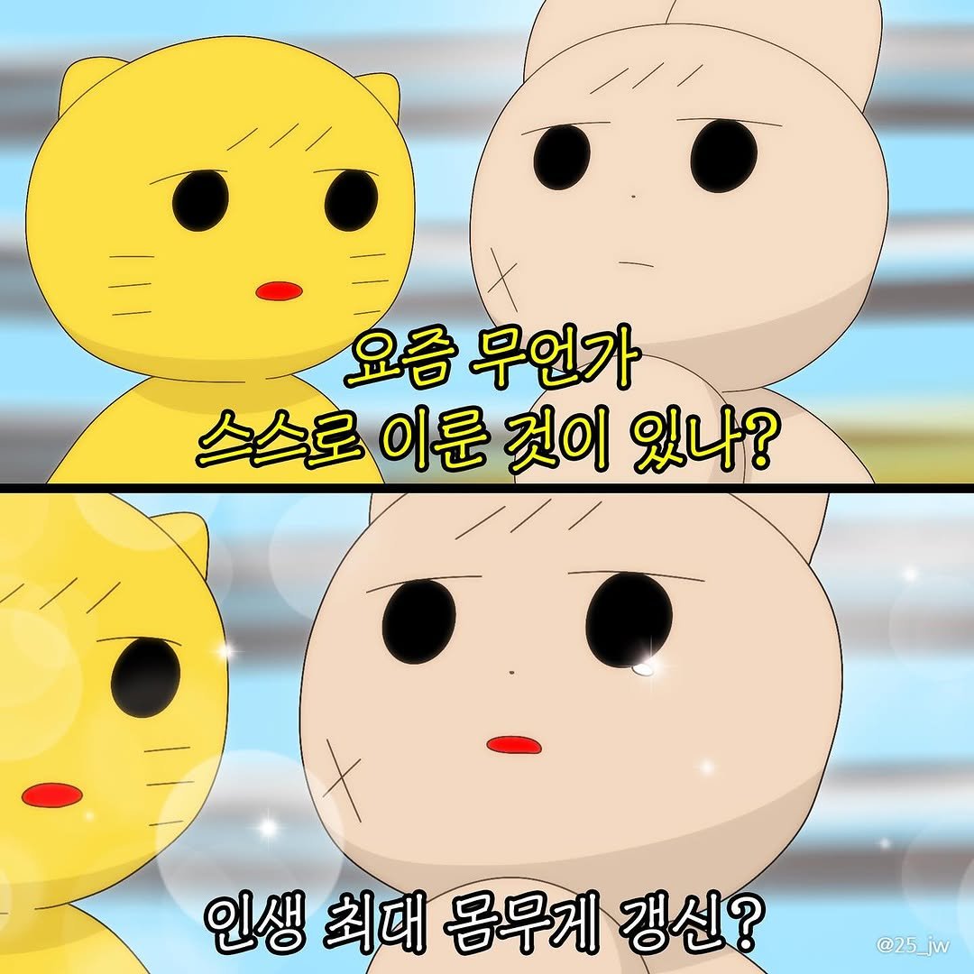 Photo by illustrator 25일(이십오일) on December 29, 2025. May be a doodle of pie and text that says '요금무언가 요즘 무언가 스스로이룬것이 스스로 이룬 것이 있나? 인생최대몸무게갱신? 갱신? 인생 최대 몸무게 @25_jw @25 jw'.