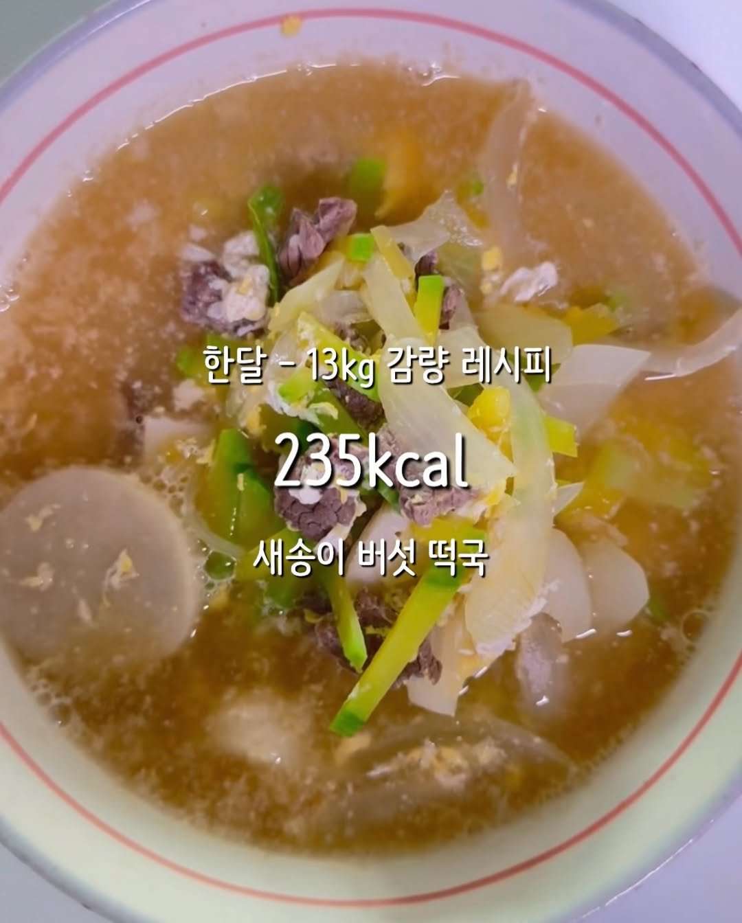 Photo by 한달어터ㅣ- 20kgㅣ다이어트레시피 on December 31, 2025. May be an image of congee, tofu, vegetable, stew and text that says '한달 한달-13kg - 13kg 감량 레시파 235kcal 새송이 버섯 떡국'.
