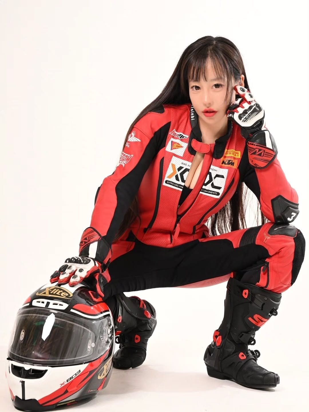 Photo shared by 이신비 정하얀 on September 19, 2025 tagging @timefix.official, and @_custom_leather. May be an image of 1 person, racing a vehicle, motorcycle, helmet and text.