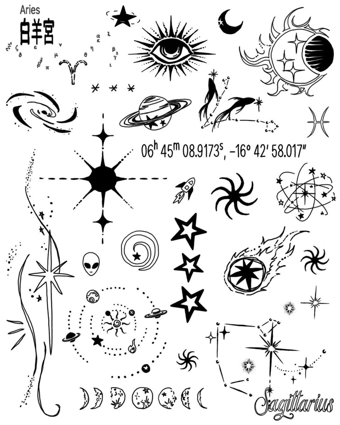 Photo by 이타투 * kitsch • オタク tattoo on February 26, 2026. May be an illustration of ‎text that says '‎Aries हह" 鲜宮 رحم 06h 45m 08.9173s, -16° ,-16°42'58.017" 42' 58.017 DDOOIG Sagtittarius‎'‎.