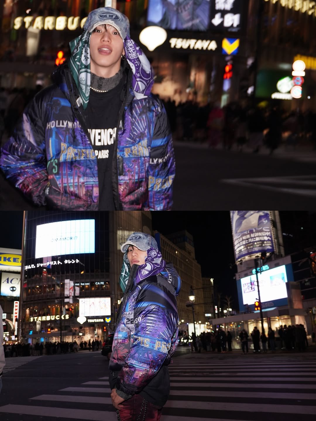 Photo by 조우진 on February 05, 2026. May be an image of duffle coat, goosedown coat, face mask, raincoat, parka, flight jacket, Times Square, street and text.