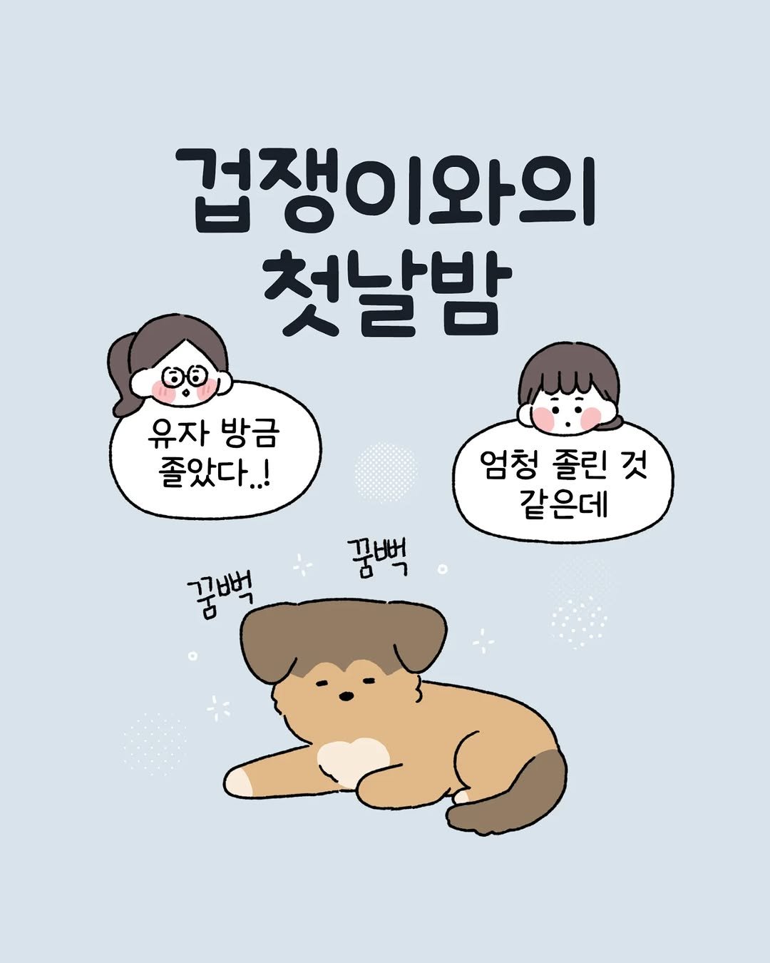 Photo shared by 육아툰 일상툰 ❤︎ Limbbo 림뽀 on July 11, 2025 tagging @4nab2. May be an illustration of Norwich terrier, Pekinese and text that says '겁쟁이와의 첫날밤 c 유자 방금 졸았다..! 엄청 졸린 엄청졸린것 것 같은데 꿈벅 끄버 꿀백'.