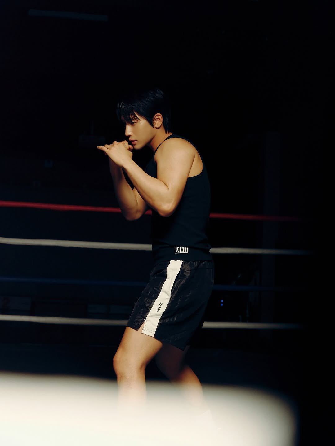 Photo shared by 육준서 on April 20, 2026 tagging @waydn_official. May be an image of sportswear, punching bag, shorts and text.