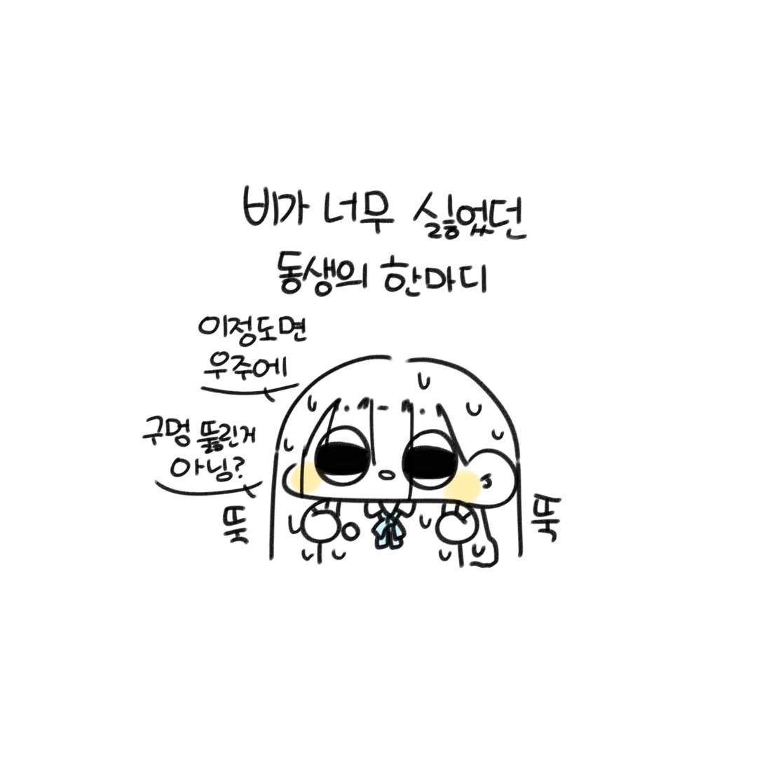 Photo by 오유오(나야) on July 02, 2025. May be a doodle of pie and text that says '비가 너무 싫었던 동생의 한마디 이정도면 우주에 구멍 뚫린거 아닝? ሣ 뚝'.