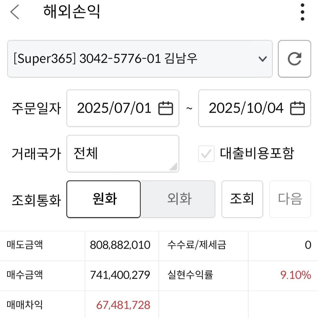Photo by 김남우 주식연구소 on October 03, 2025. May be an image of text that says '< 해외손익 [Super365] 3042-5776-01 김남우 주문일자 ~ 2025/07/01 2025/10/04 거래국가 전체 조회통화 대출비용포함 원화 외화 조회 매도금액 다음 808,882,010 수수료/ 수수료/제세금 매수금액 741,400,279 0 매매차익 실현수익률 67,481,728 9.10%'.
