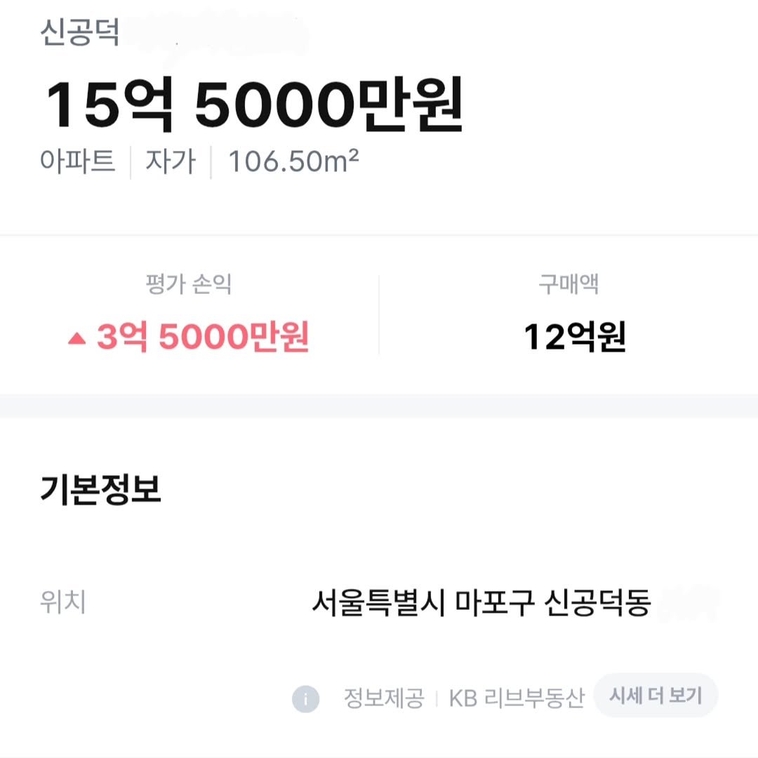 Photo by 김남우 주식연구소 on September 25, 2025. May be an image of text that says '신공덕 15억 5000만원 아파트 자가 106.50m² 평가 손익 3억 5000만원 구매액 12억원 기본정보 위치 서울특별시 마포구 신공덕동 정보제공 KB 리브부동산 시세 시세더보기 보기'.