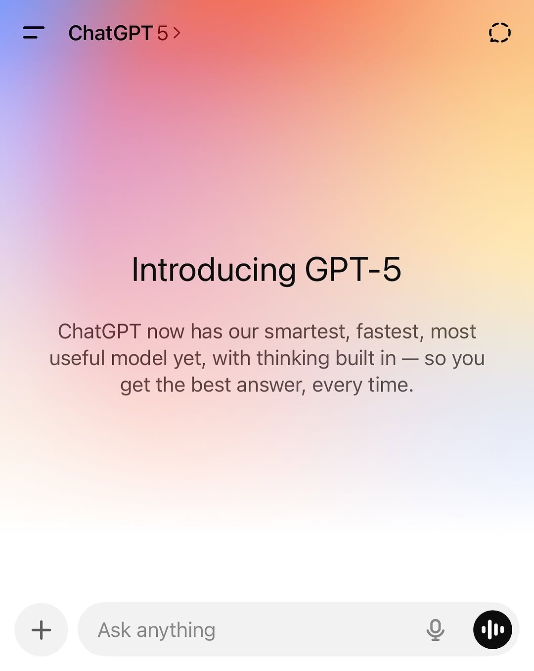 Photo shared by ChatGPT on August 08, 2025 tagging @openai. May be a graphic of poster and text that says 'ChatGPT5> ChatG 5> Introducing GPT-5 GPT ChatGPT now has our smartest, fastest, most useful model yet, with thinking built in so you get the best answer, every time. Ask anything .'.