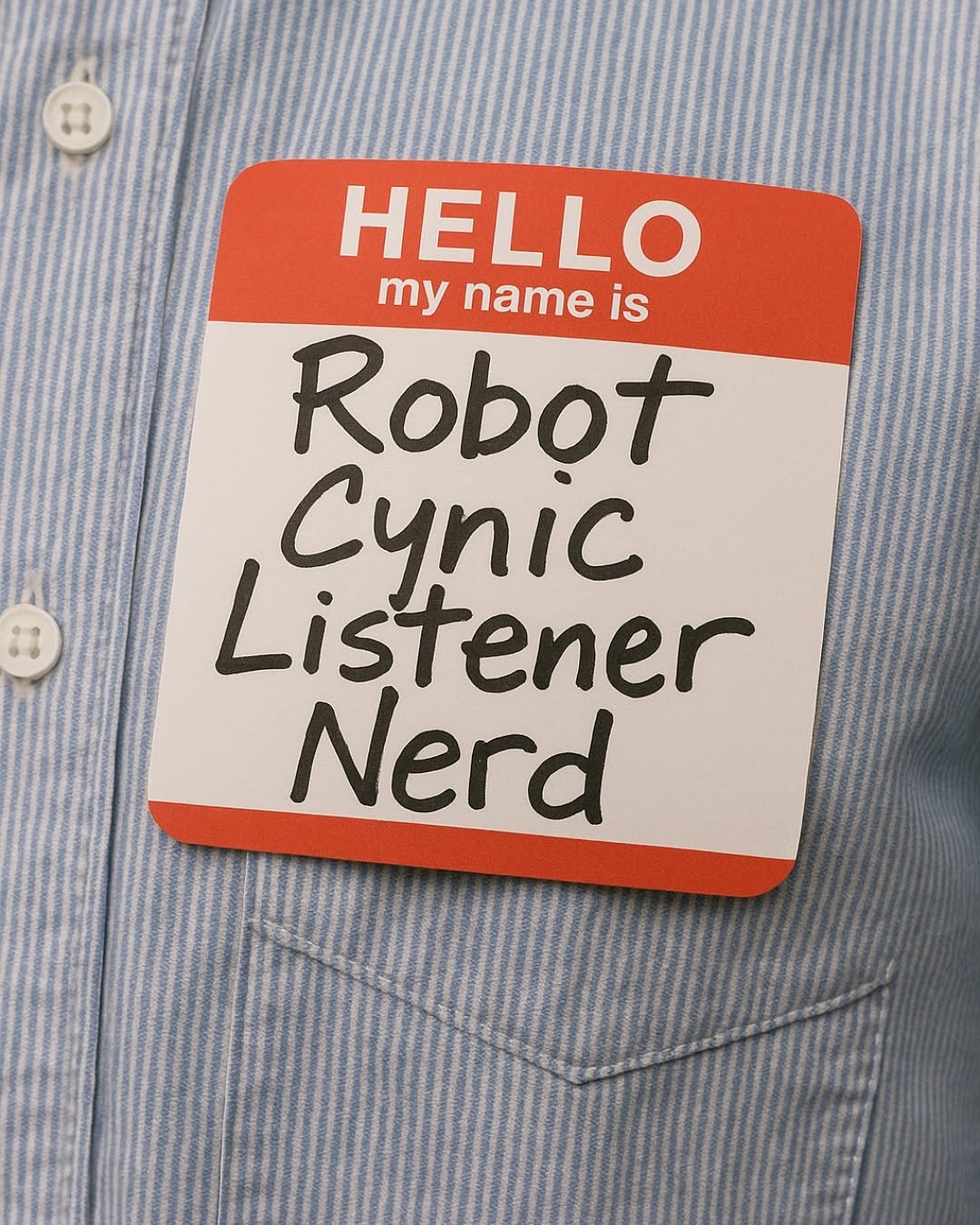 Photo shared by ChatGPT on August 07, 2025 tagging @openai. May be an image of portable cassette player, poster and text that says 'HELLO my name is Robot Cynic Listener Nerd :8'.