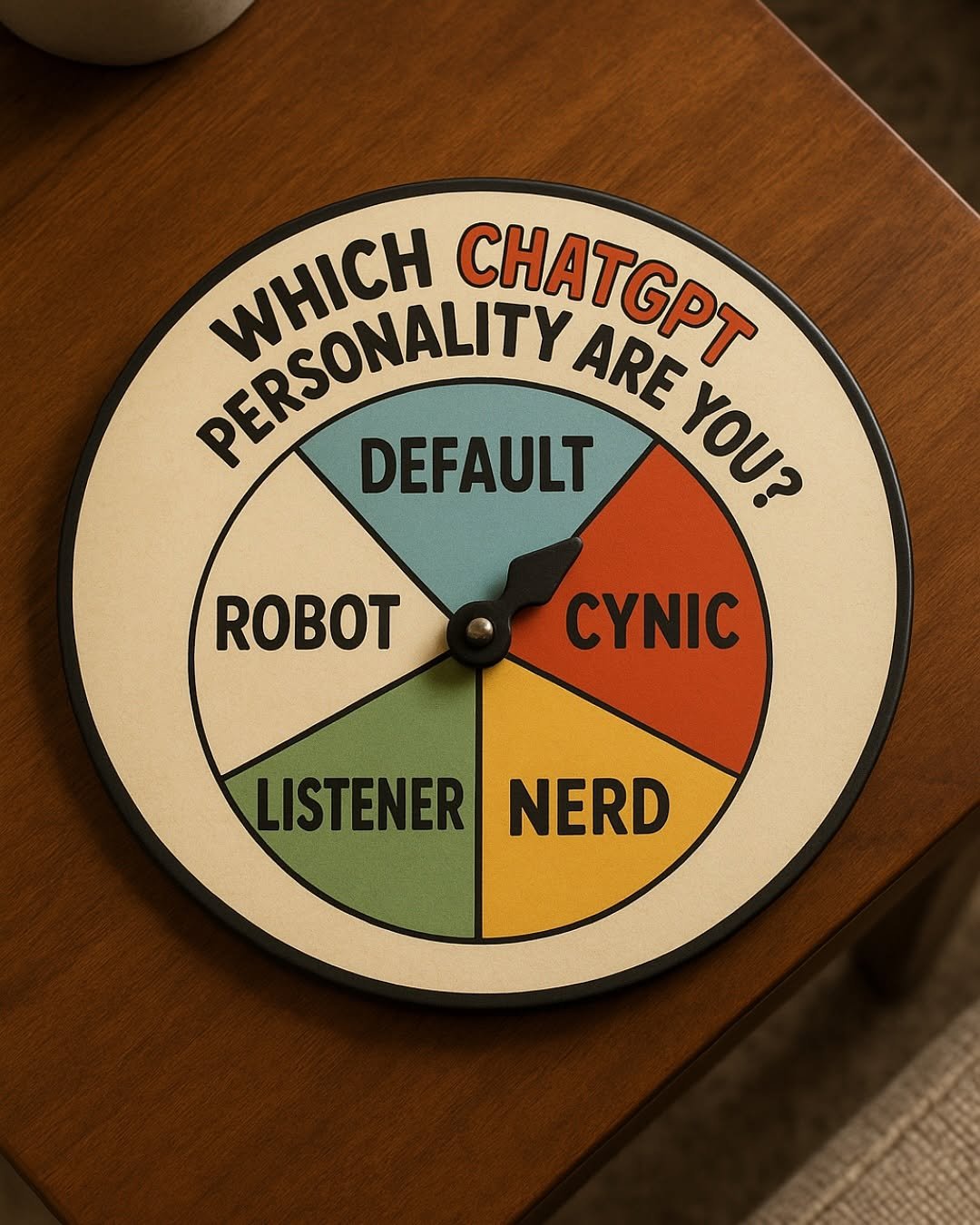 Photo by ChatGPT on August 12, 2025. May be pop art of portable cassette player, mouse pad, poster, record and text that says 'PERSONALIN PERSONALITY WHICH CHATGPT ARE YOU? DEFAULT CYNIC LISTENERNERD LISTENER NERD'.