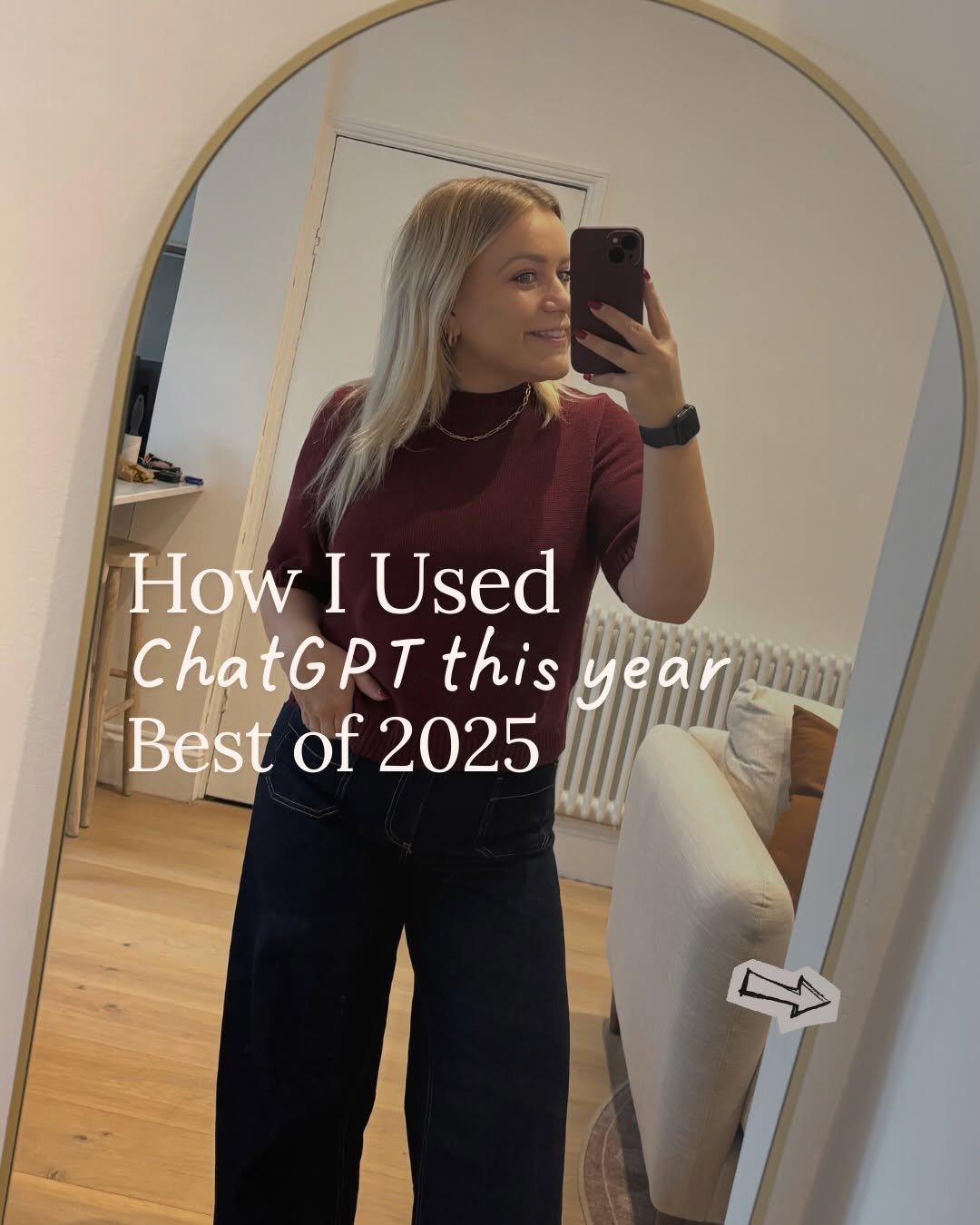 Photo shared by A Millennial Saver 💸 Money & Lifestyle on December 27, 2025 tagging @chatgpt. May be a selfie of standing, sweatpants, turtleneck, cardigan and text that says 'How I I Used ChatGPTthis this year yearım መሚንነነነነክ Best Bestof2025 of 2025 M'.