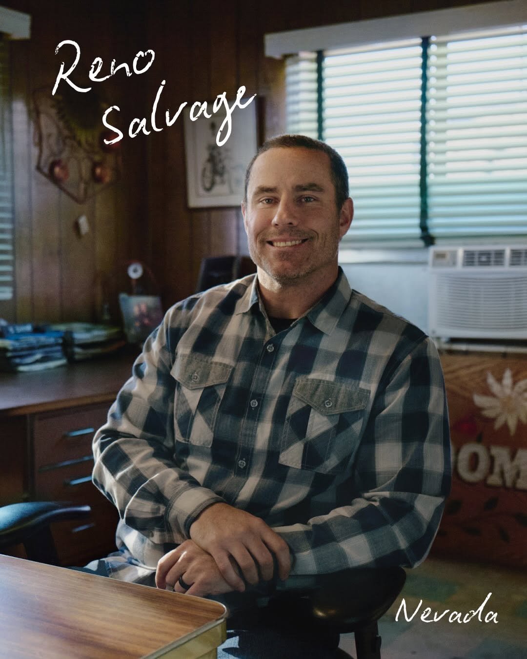 Photo by ChatGPT on February 08, 2026. May be an image of one or more people, people smiling, flannel, poster, office and text that says 'Reno Salvage Nevada'.