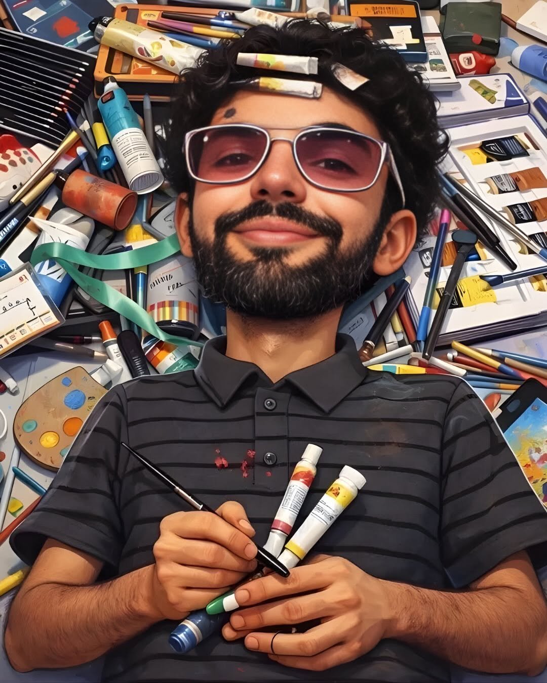 Photo shared by ChatGPT on February 13, 2026 tagging @moayad_hakim. May be pop art of one or more people, beard, eyeglasses, pencil, cigarette, sharpener, pen and text.