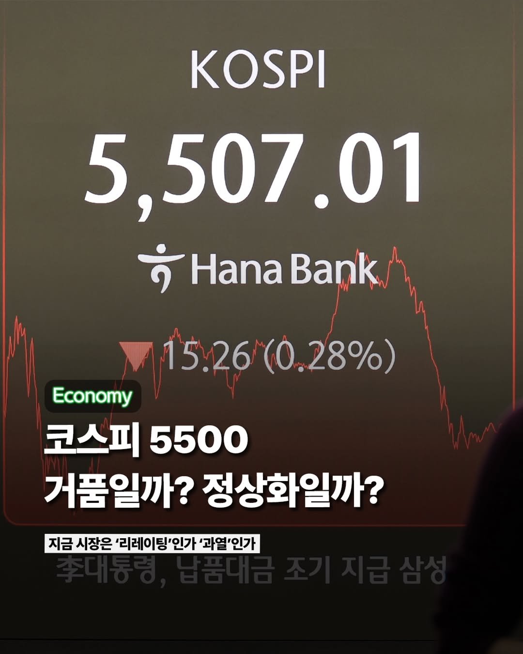 Photo by ETC on February 15, 2026. May be an image of ‎text that says '‎KOSPI 5,507.01 01 ب Hana Bank 15.26/(0.28% 15.26 (0.28%) Economy 코스피5500 코스피 5500 거품일까? 정상화일까? 지금 시장은 '리레이팅'인가 '과열'인가‎'‎.
