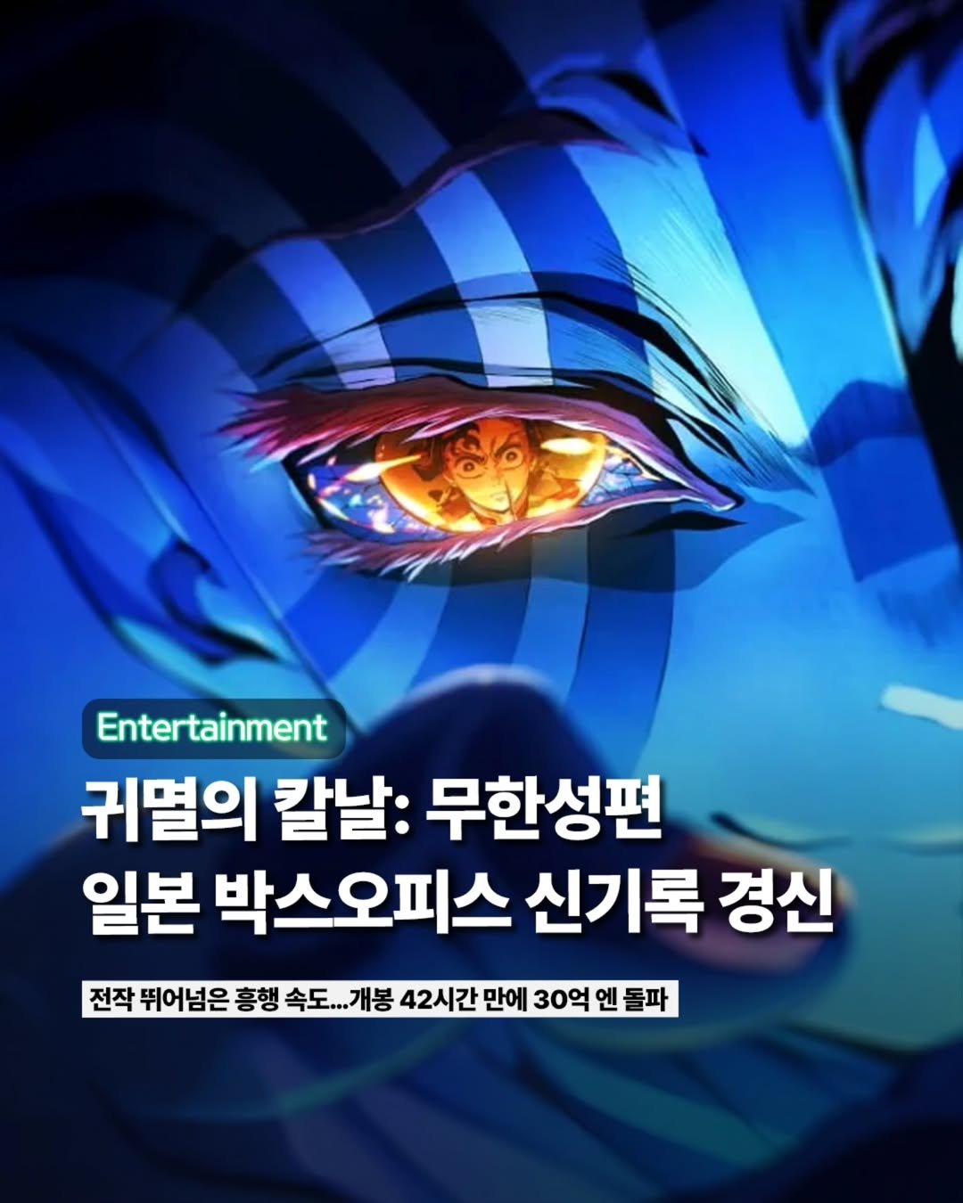 Photo by ETC on July 20, 2025. May be an illustration of poster and text that says 'Entertainment 귀멸의 칼날: 무한성편 일본 박스오피스 신기록 경신 전작 뛰어넘은 홍행 속도.. 속도...개봉 ..개봉 42시간 만에 30억 엔 돌파'.