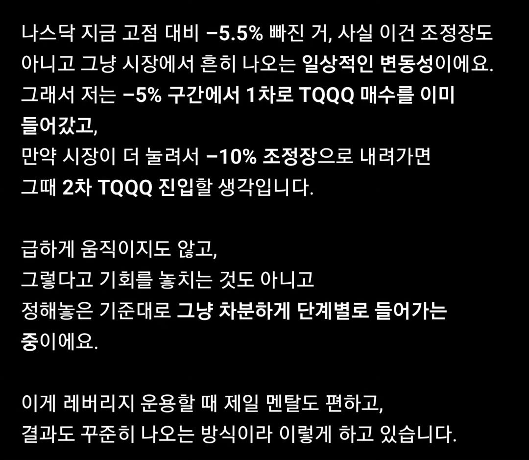 Photo by 닥터스탁 주식 투자일기 on November 17, 2025. May be an image of text that says '나스닥 지금 고점 대비 -5.5% 빠진 거, 사실 이건 조정장도 아니고 그냥 시장에서 흔히 나오는 일상적인 변동성이에요. 그래서 저는 -5% 구간에서 1차로 매수를 이미 들어갔고, 만약 시장이 더 눌려서 -10% 조정장으로 내려가면 그때 2차 TQQQ 진입할 생각입니다. 급하게 움직이지도 않고, 그렇다고 기회를 놓치는 것도 아니고 정해놓은 기준대로 그냥 차분하게 단계별로 들어가는 중이에요. 이게 레버리지 운용할 때 제일 멘탈도 편하고, 결과도 꾸준히 나오는 방식이라 이렇게 하고 있습니다.'.
