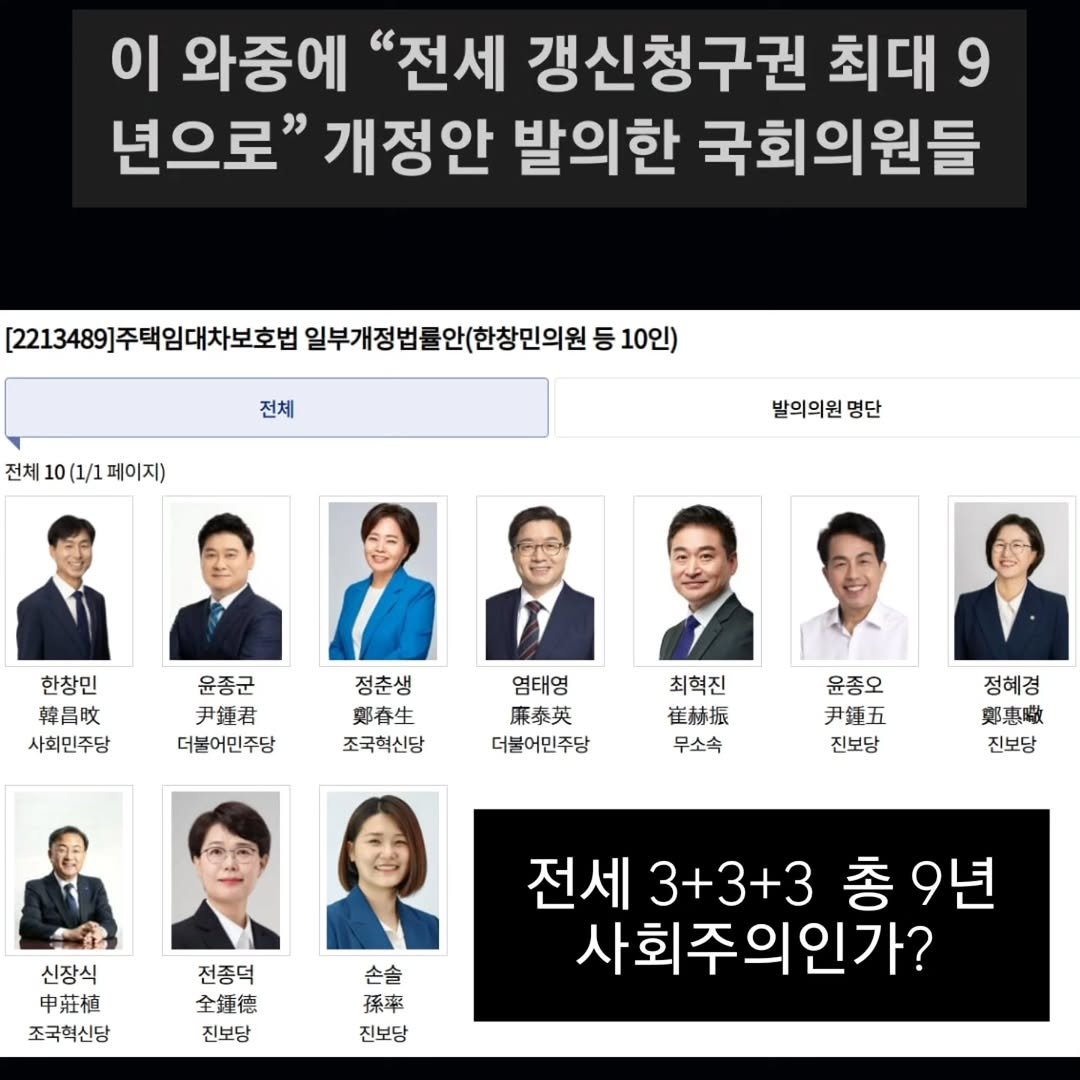 Photo by 닥터스탁 주식 투자일기 on October 16, 2025. May be an image of text that says '이 와중에 "전세 갱신청구권 최대 9 년으로" 개정안 발의한 국회의원들 [2213489]주택임대차보호법 일부개정법률안(한창민의원 등 10인) 전체 전체 전체10(1/1페이지) 전체10(1/1 10 (1/1 페이지) 발의의원 발의의원명단 명단 한창민 韓昌咬 사회민주당 윤종군 尹鍾君 더불어민주당 정춘생 鄭春生 조국혁신당 염태영 廉泰英 더불어민주당 최혁진 産勝振 무소속 윤종오 尹鍾五 진보당 정혜경 鄭惠職 진보당 신장식 申莊植 조국혁신당 전종덕 全鍾徳 진보당 손솔 孫率 진보당 전세 전세3+3+3총9년 총9년 3+3+3 사회주의인가?'.