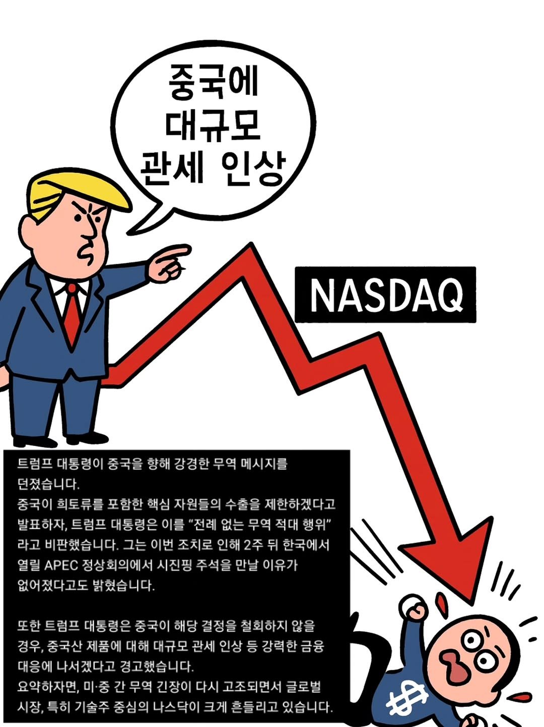 Photo by 닥터스탁 주식 투자일기 on October 10, 2025. May be a cartoon of text that says '중국에 대규모 관세 인상 NASDAQ 트럼프 대통령이 중국을 향해 강경한 던졌습니다. 중국이 획토류를 포함한 핵심 자원들의 수출을 제한하겠다고 발표하자 트럼프 대통령은 이를 "전례 없는 무역 적대 행위" 라고 비판했습니다. 그는 이번 조치로 인해 2주 뒤 한국에서 열릴 APEC 정상회의에서 시진핑 주석을 만날 이유가 없어졌다고도 밝혔습니다. 또 트럼프 대통령은 중국이 해당 결정을 철회하지 않을 경우 중국산 제품에 대해 대규모 관세 인상 등 강력한금융 강력한 대응에 나서겠다고 경고했습니다. 요약하자면, 미·중 중 간 무역 긴장이 다시 고조되면서 글로벌 시장, 특히 기술주 중심의 나스닥이 크게 흔들리고 있습니다. 中'.