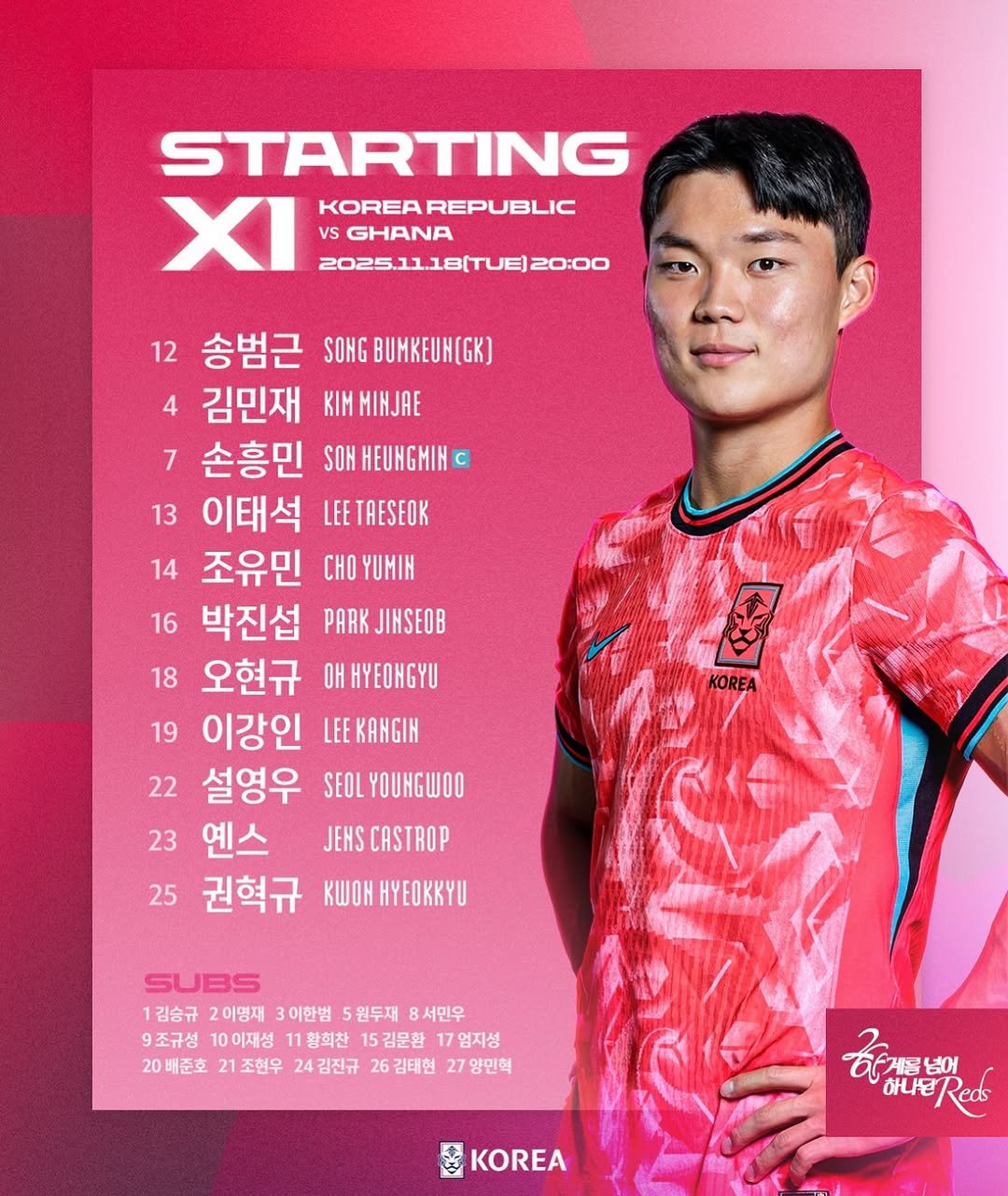 Photo by 축구 on November 18, 2025. May be an image of text that says 'STARTING XI vs GHANA KOREA REPUBLIC 2025.11.18(TUE) 20:00 12 송범근 SONGBUMKEUH(GK) SONG 4 김민재 Κι MINJAE 7 손흥민 SOH HEUNGMIH C 13 이태석 LEE 14 조유민 CHO YUMIH 16 박진섭 PAK JIHSEOB 18 오현규 HYEONGYU 19 이강인 LEEKANGIH 22 설영우 SEOL YOUNGWOO 23 엔스 JEHS CASTROP 25 권혁규 KWOH H4EOKKy 2 KOREA SUBS 1김승규 2이명재 3이한범 5원두재 8서민우 9조규성 10이재성 1황회찬 5김문환 엄지성 20배준호 21조현우 24 24김진규 26 김태현 27 양민혁 하게트넘이 aueRed 넣어 하나bReas KOREA'.