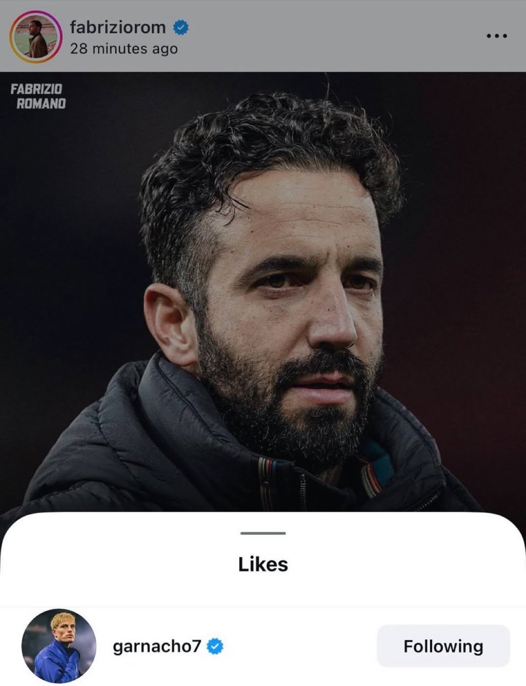Photo by 축구 on January 05, 2026. May be a Twitter screenshot of ‎one or more people, people playing football, people playing soccer, stadium and ‎text that says '‎fabriziorom 28 minutes ago FABRIZIO ROMANO لم Likes garnacho7 Following‎'‎‎.