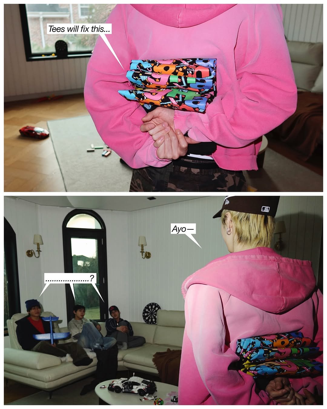 Photo by SM Entertainment Group on April 21, 2026. May be an image of sweater, fleece, jacket, parka, sweatshirt and text that says 'Tees Teeswillfixthis... will fix this.. 語 F4 Ayo- တပ် to'.