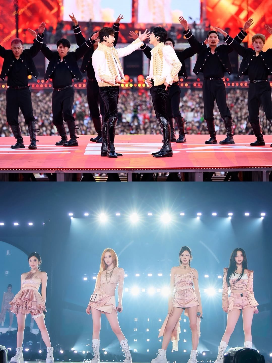 Photo shared by SM Entertainment Group on April 26, 2026 tagging @tvxq.official, and @aespa_official. May be an image of one or more people, people dancing, microphone, costume, concert and text.