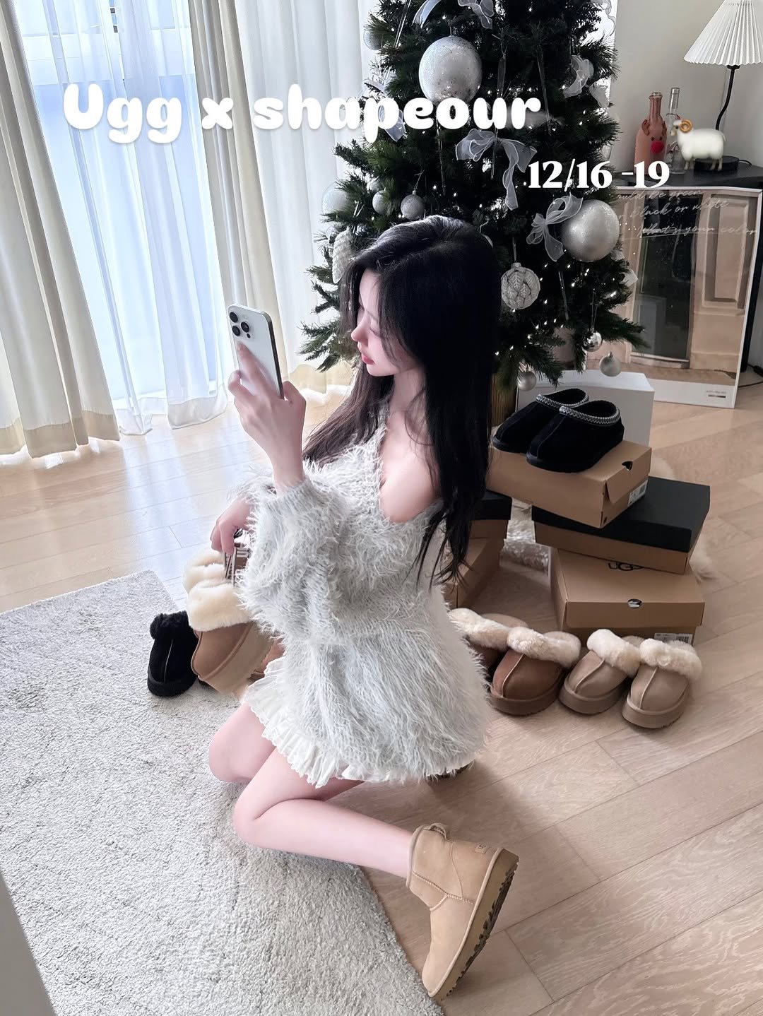 Photo by 정민 / 쉐입아워 on December 15, 2025. May be an image of ‎phone, fur, boots, baby shoes and ‎text that says '‎Ugg Uggxshapeour X shapeour shar 12/16-19 -19 きいわ ة‎'‎‎.