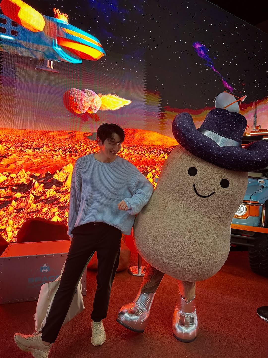 Photo shared by Yoontae Bang on November 12, 2025 tagging @jellycat. May be an image of duffle coat, bowler hat, bolo tie and text.