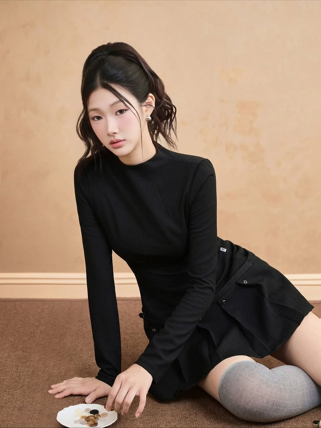 Photo by Julie 시연 on November 12, 2025. May be an image of one or more people, hair, sleepwear, dress, miniskirt, tights and text.