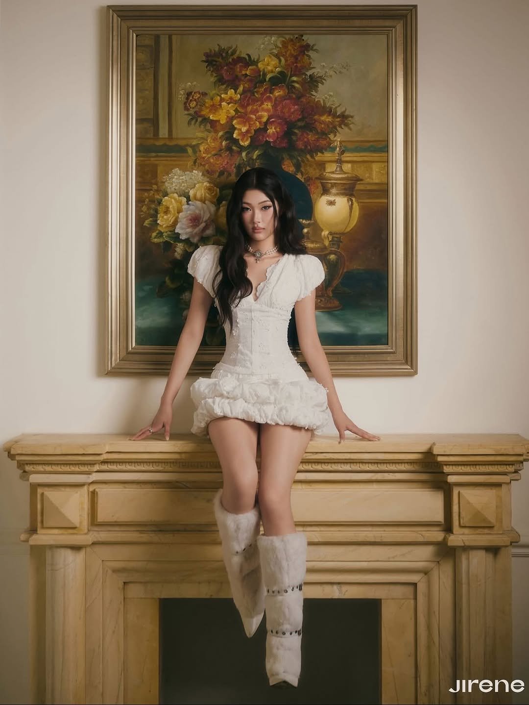 Photo by Julie 시연 on August 20, 2025. May be an image of 1 person, makeup, dress, boots, headdress and text.