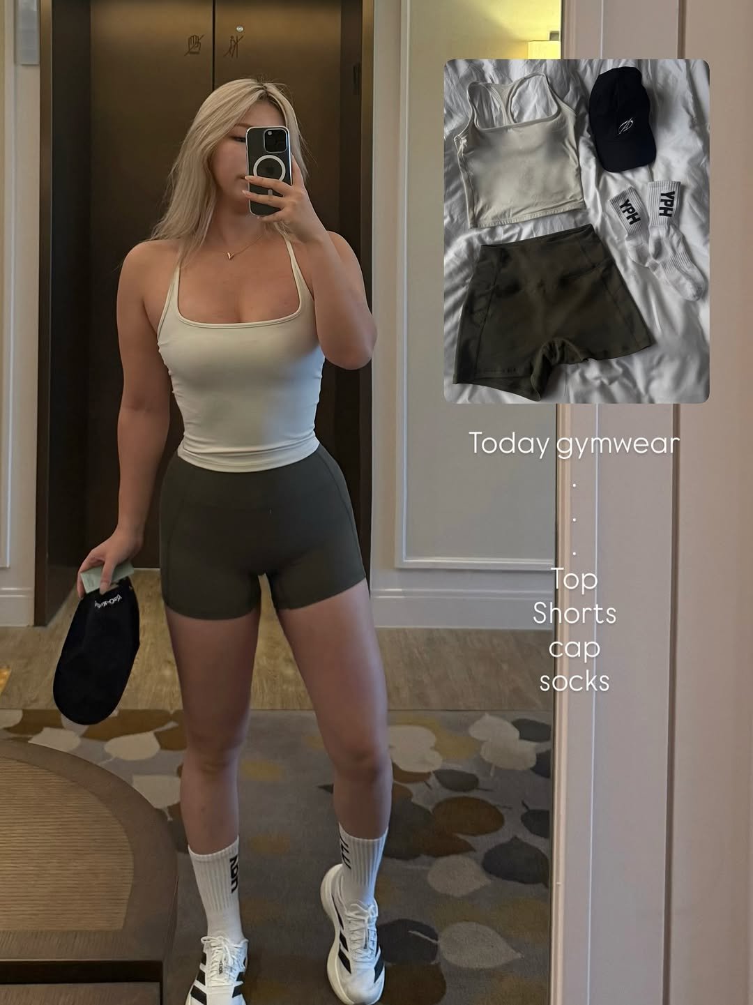 Photo shared by 희수 on August 16, 2025 tagging @eleva_kr. May be an image of 1 person, activewear, shorts, sweatpants, drawstring and text that says 'Today Todaygymwear daygymwear gymwear Top Shorts cap socks'.