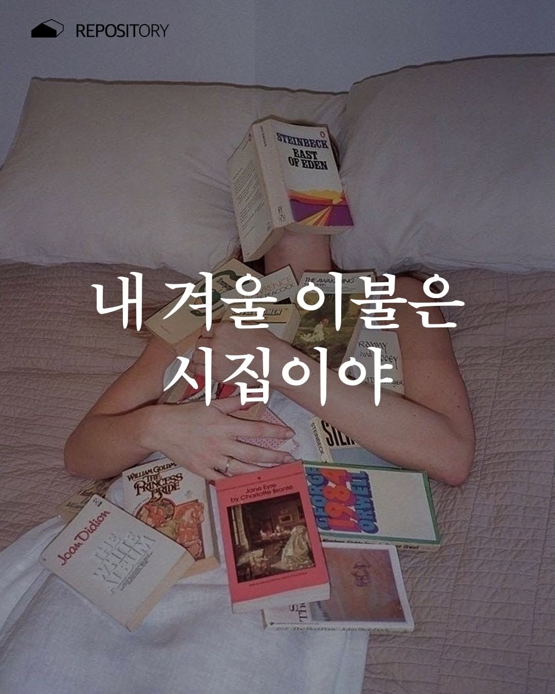 Photo by ORY : ( 빈 칸 ) 을 위한 공간 on January 08, 2026. May be an image of book and text that says 'REPOSITORY STEINTBECK ะอดิ BAST OPEDEN 내겨울 이불은 시집이야 JoanDidion Didion 越路'.
